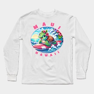 Maui Hawaii Girls Cute Surfing Sea Turtle Long Sleeve T-Shirt